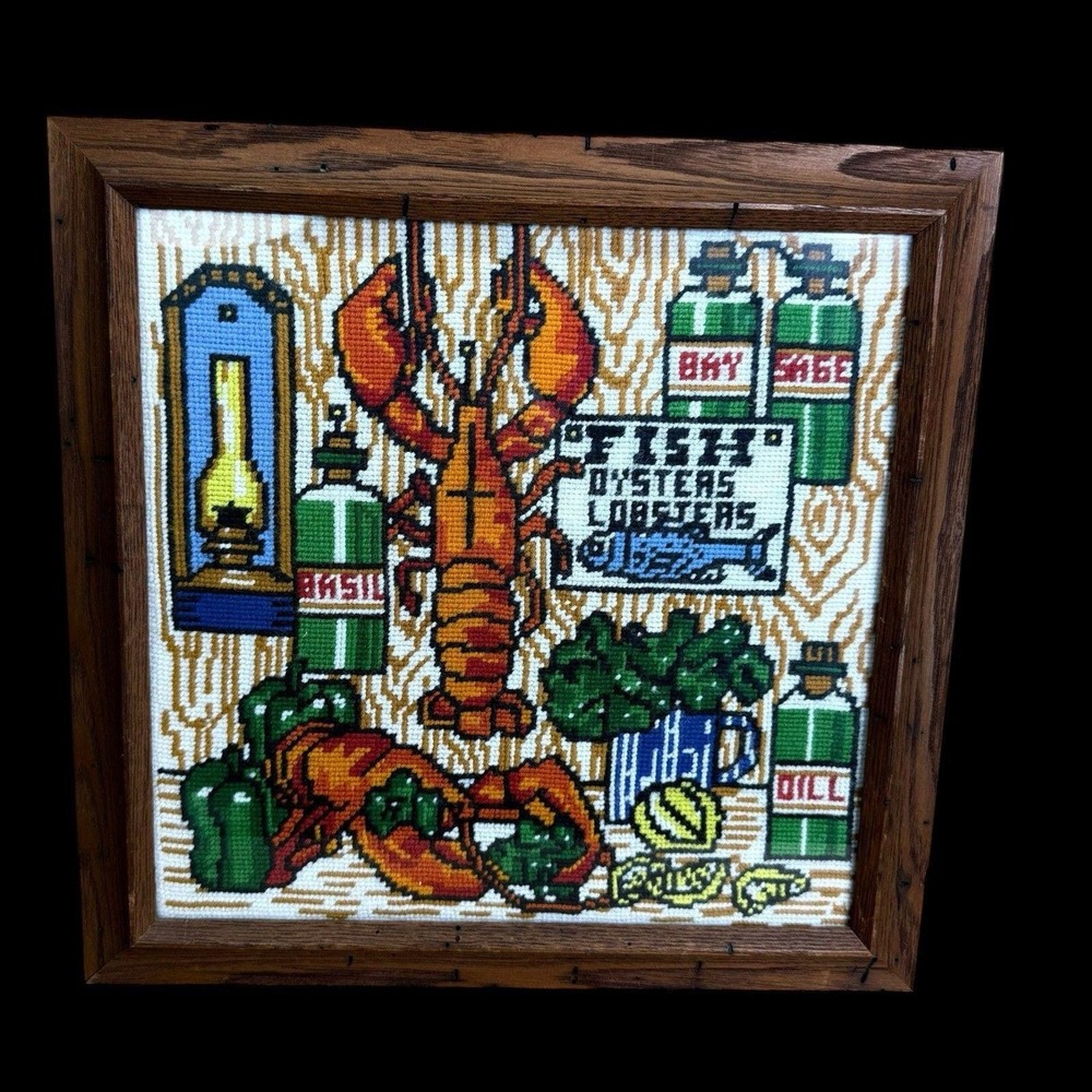 Needlepoint Lobster Seafood Bake Feast Professionally Framed in Wood 16.5x16.5"